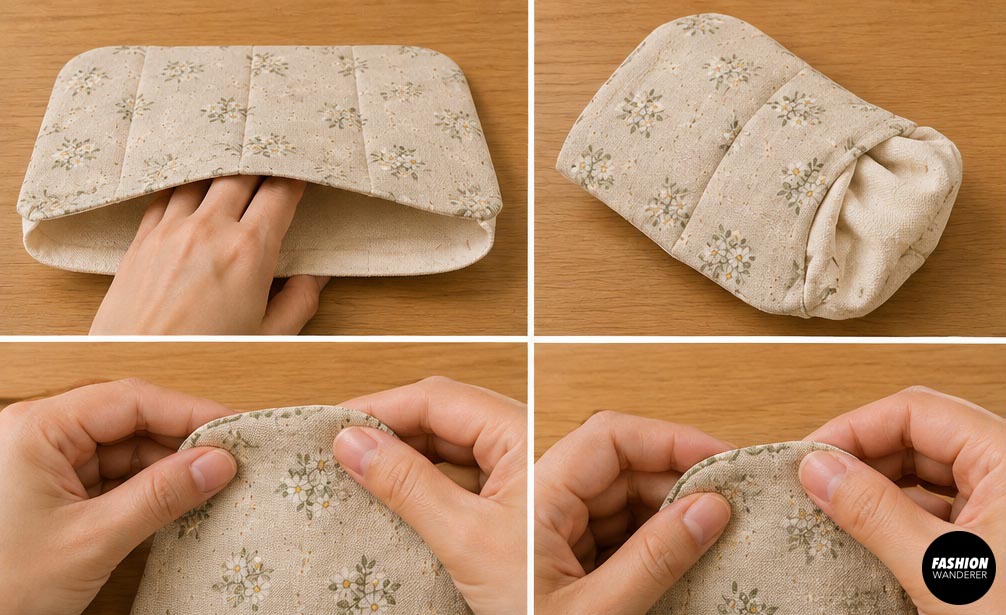 Step-by-step process for turning a sewn floral fabric cord organizer right side out and carefully shaping the rounded corners.