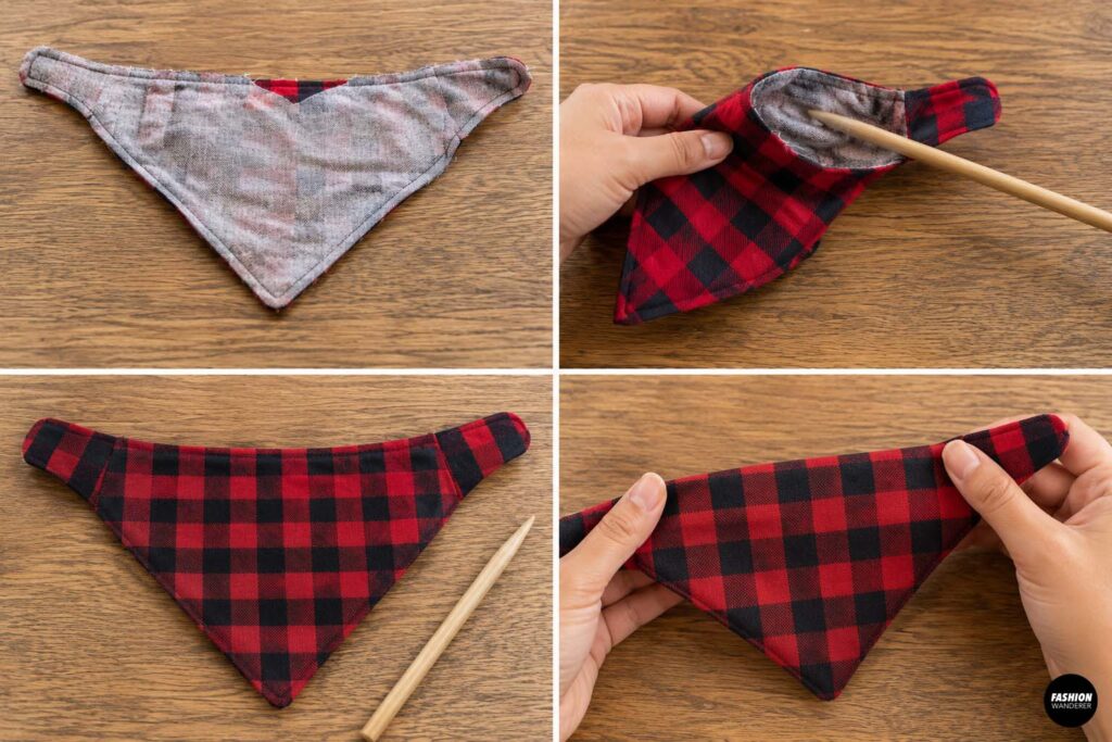 Collage showing a sewn buffalo plaid dog bandana being turned right side out and its corners and curved tie ends shaped with a wooden point turner.