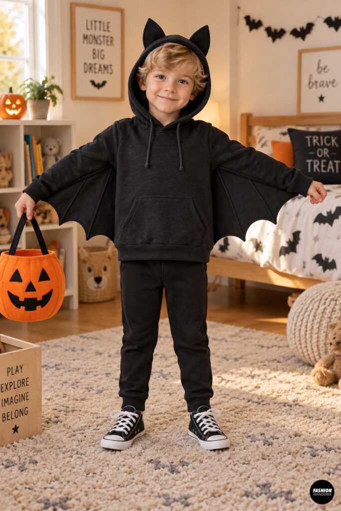 Young boy wearing a black hoodie and matching pants transformed into a bat costume with pointed ears and fabric wings attached under the sleeves, holding an orange jack-o&rsquo;-lantern trick-or-treat bag in a Halloween-decorated kids&rsquo; bedroom.