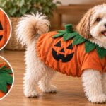 Small fluffy dog wearing an upcycled orange T-shirt pumpkin costume with black jack-o’-lantern face, gathered pumpkin-shaped body, green felt leaf collar, and soft green stem, with close-up inset photos of the face and collar details.
