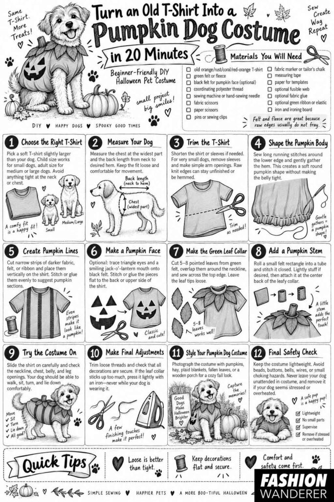 Black-and-white illustrated infographic showing how to turn an old orange T-shirt into a pumpkin dog costume, including materials, measuring, trimming, gathering the hem, adding pumpkin stripes, jack-o&rsquo;-lantern face, green leaf collar, stem, fitting, and safety tips.
