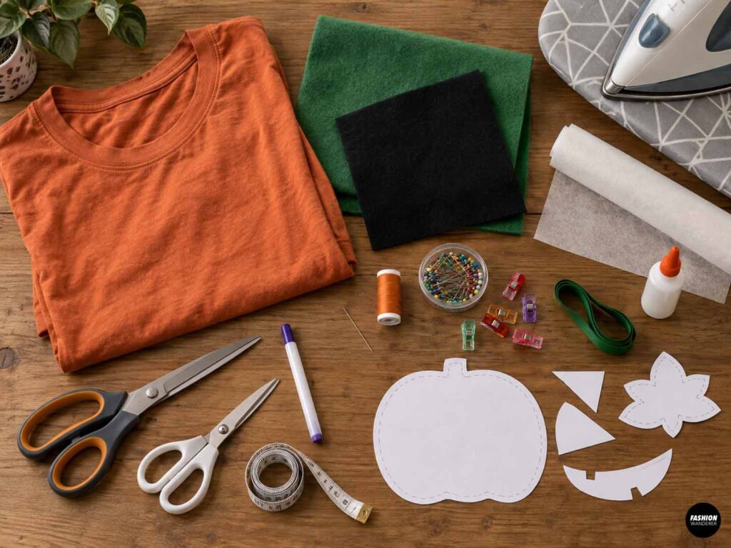 Flat lay of materials for a DIY pumpkin dog costume on a wooden table, including an orange T-shirt, green and black felt, interfacing, scissors, thread, pins, clips, measuring tape, fabric marker, glue, iron, and paper pumpkin templates.