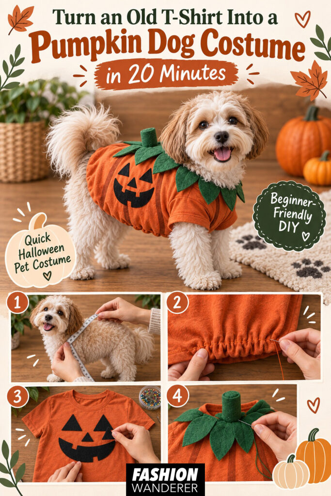 Vertical Pinterest graphic titled &ldquo;Turn an Old T-Shirt Into a Pumpkin Dog Costume in 20 Minutes,&rdquo; featuring a small dog in the finished costume plus step photos for measuring, gathering the hem, adding the pumpkin face, and sewing the green leaf collar and stem.