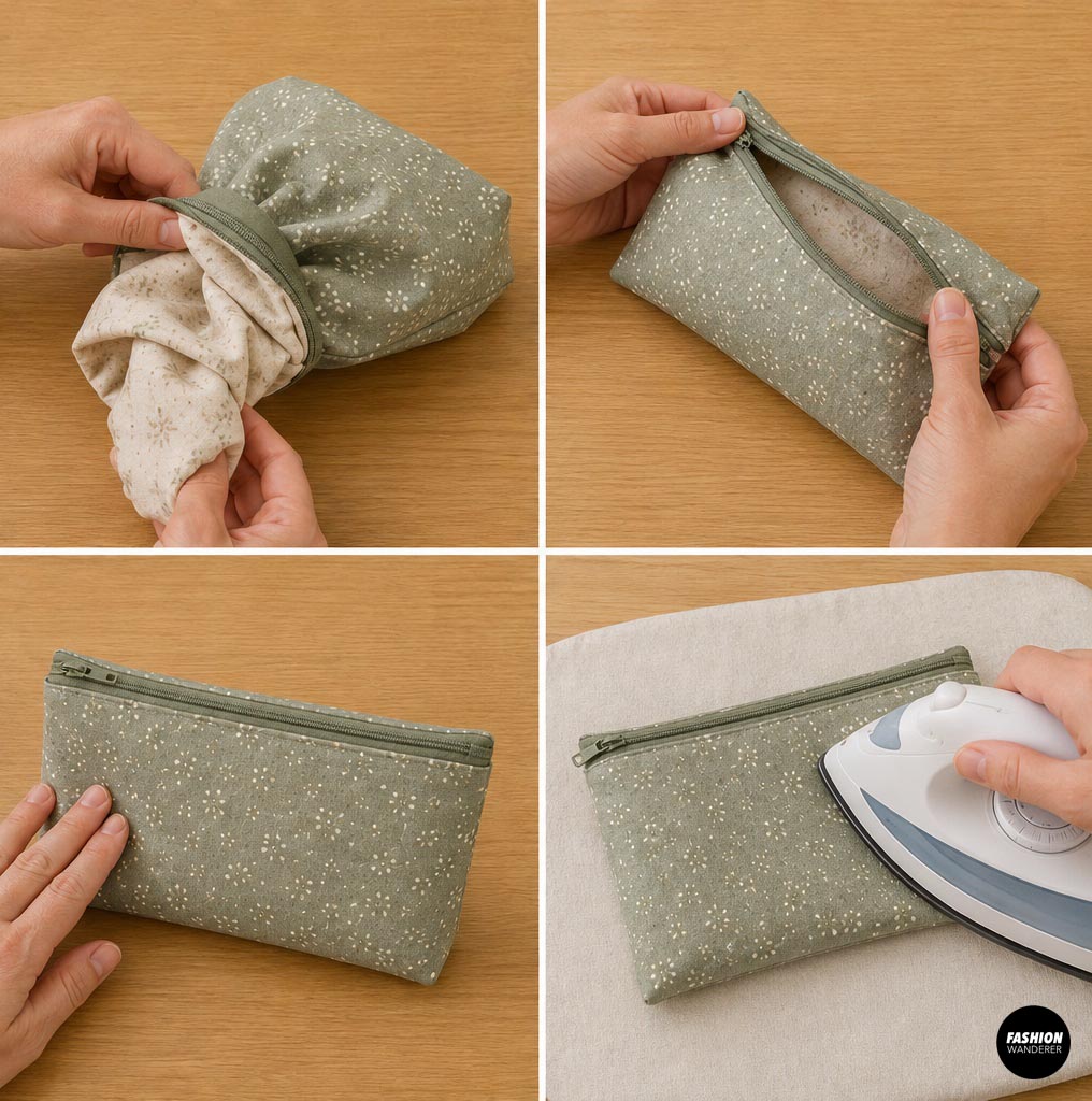 Final sewing steps showing a floral zippered pencil pouch turned right side out, shaped, pressed and finished for a neat professional look.