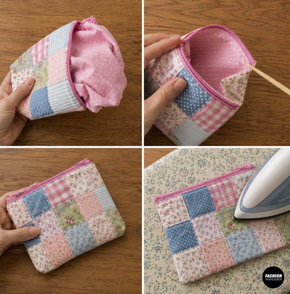 Handmade pastel patchwork zipper pouch being pulled through the lining opening, with corners gently shaped and the finished pouch pressed smooth.
