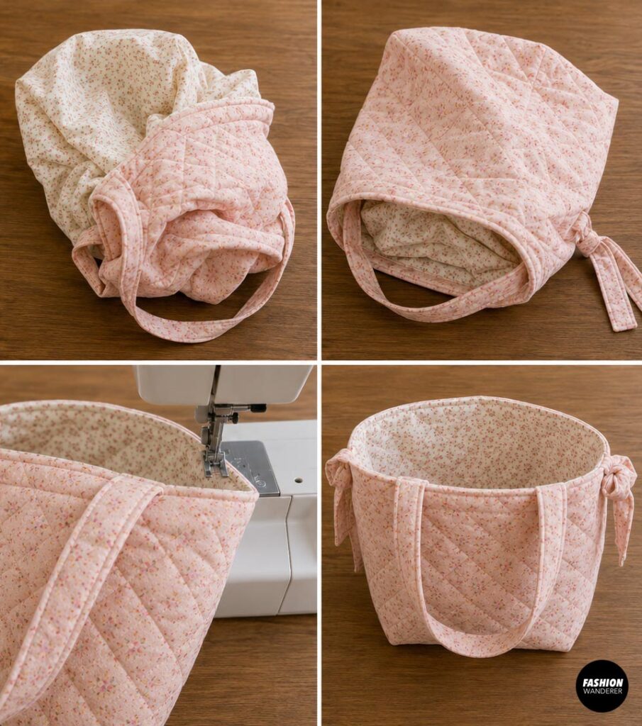 Step-by-step quilted bow tote tutorial showing the bag turned right side out, lining tucked inside, top edge stitched, and finished floral tote with handles and side bows.