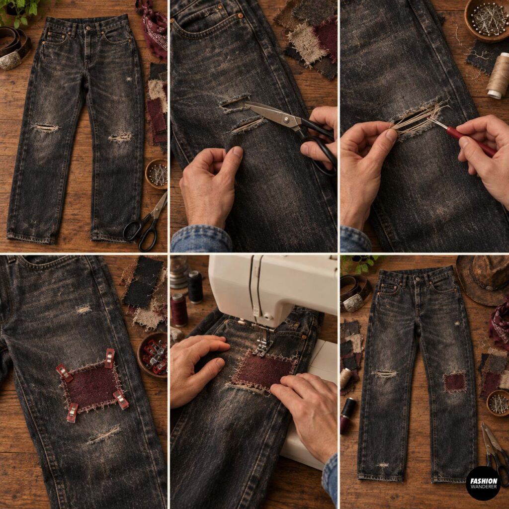 DIY distressed black jeans tutorial showing cut knee holes, pulled threads, fabric patches, and sewing steps for an undead cowboy costume.