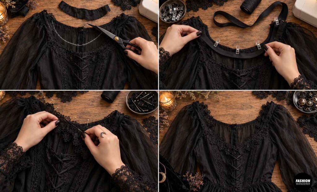 Close-up sewing collage showing a black gothic dress neckline being trimmed, reshaped, finished with binding, and decorated with black lace.