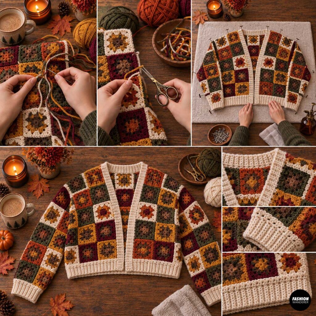 Crochet cardigan finishing tutorial showing loose yarn ends woven into granny squares, excess yarn trimmed, cardigan blocked flat, and completed fall granny square cardigan.