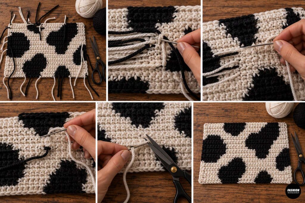 Crochet tutorial collage showing loose black and cream yarn ends being woven into the back of a cow print panel with a yarn needle and trimmed with scissors.
