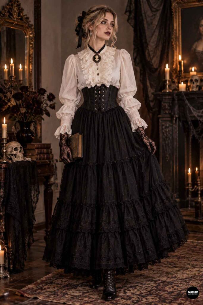 Woman wearing a white Victorian ruffle blouse with puff sleeves, lace cuffs, black corset, long black skirt, lace gloves, cameo necklace, and gothic accessories in a candlelit haunted-room setting.