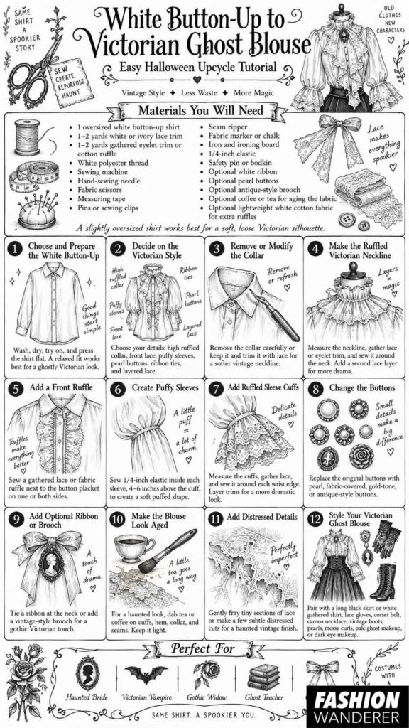 Black-and-white sewing infographic showing materials and 12 beginner-friendly steps for transforming a white button-up shirt into a Victorian ghost blouse Halloween costume.