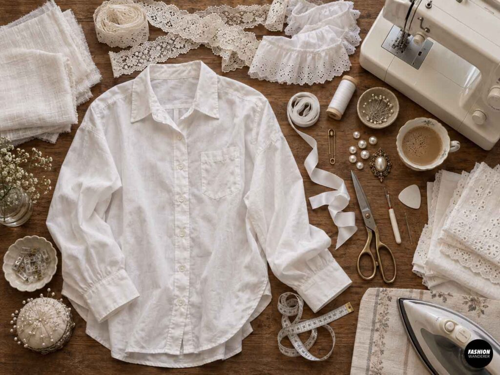 Flat lay of supplies for a Victorian ghost blouse upcycle, including a white button-up shirt, lace trim, ribbon, pearl buttons, cameo brooch, sewing machine, scissors, thread, measuring tape, and iron.