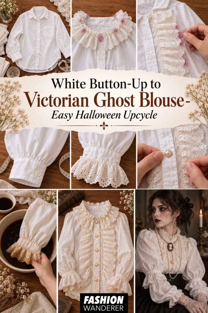 Vertical Pinterest collage showing a white button-up shirt transformed into a Victorian ghost blouse with gathered lace ruffles, puff sleeves, pearl buttons, tea-stained details, and a styled Halloween costume look.