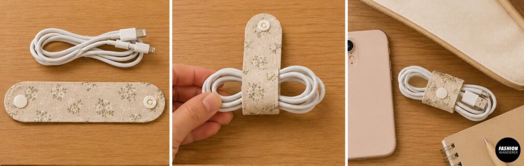Finished DIY fabric cord organizer wrapped around a charging cable and secured with a snap closure for neat cable storage and travel.